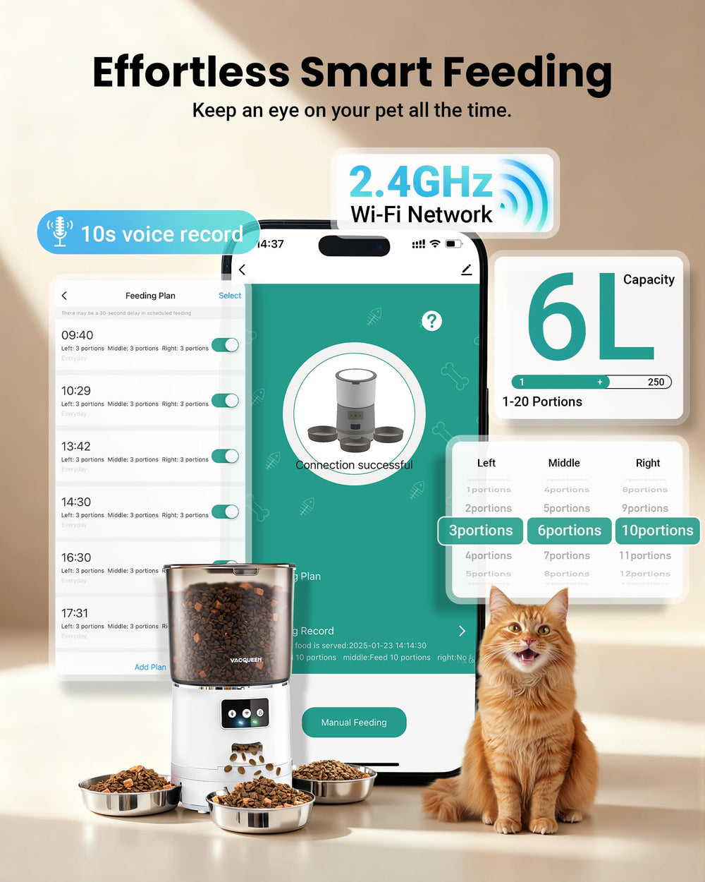 Vacqueen écran d'application montrant contrôle Wi‑Fi et réglage des portions