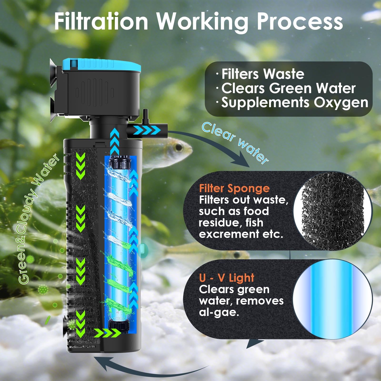 VCRAZE filtre U - V gros-plan éponge montrant capture efficace des débris