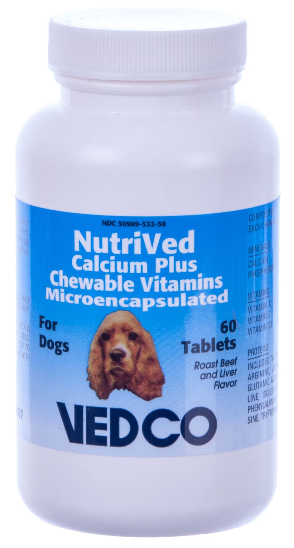Vedco Nutrived Calcium Plus emballage avant montrant comprimés mastiquables et dosage pratique