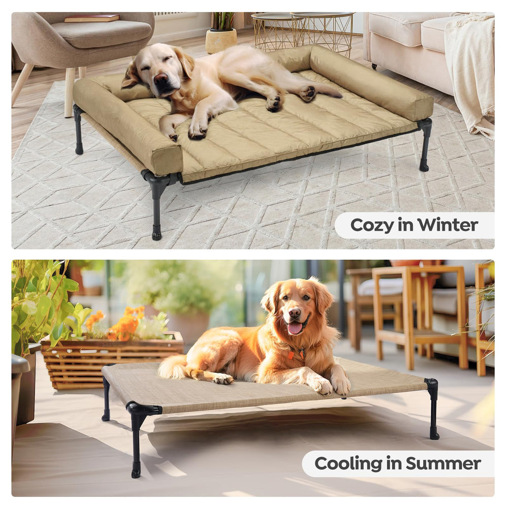 Veehoo lit installé au jardin avec chien reposant et sensation de fraîcheur