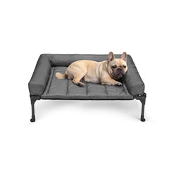 Veehoo lit surélevé face avant montrant cadre robuste et coussin imperméable, confort protégé