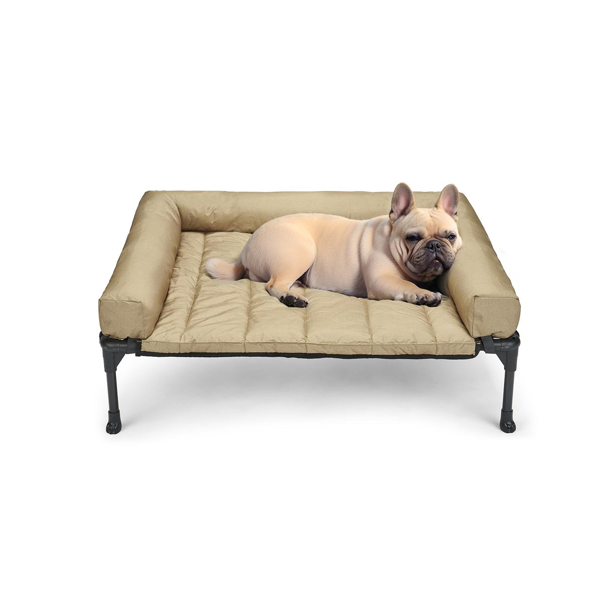 Veehoo lit surélevé vue frontale montrant cadre solide et coussin bolster confortable