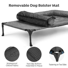 Lit Veehoo en extérieur avec chien allongé illustrant fraîcheur et éloignement du sol humide
