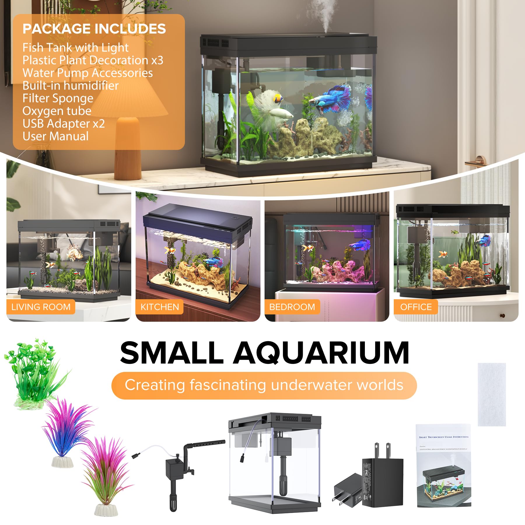 Vehipa scène bureau lifestyle intégrant l'aquarium pour apaiser l'espace