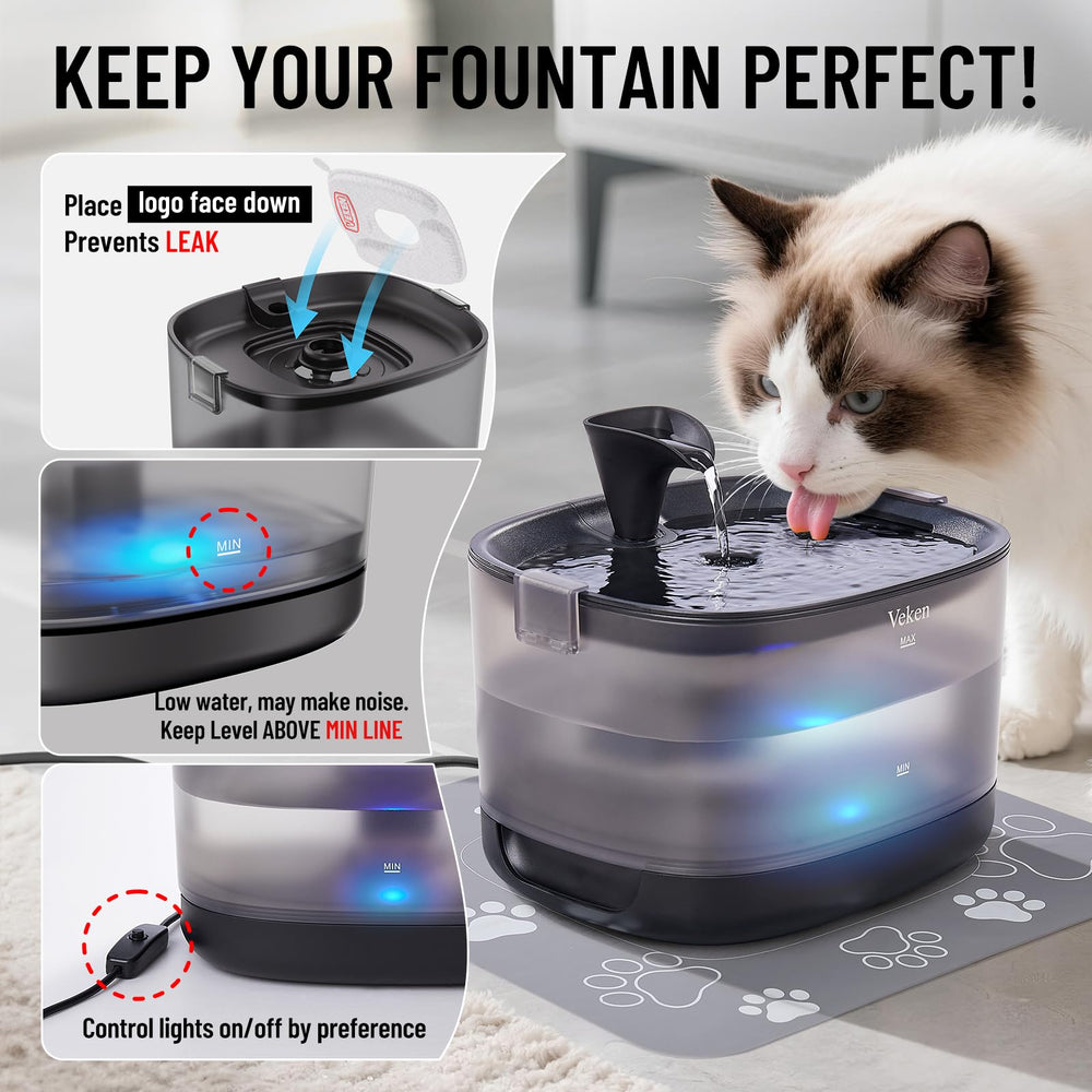 Veken fontaine en usage avec chat buvant, encourage l'hydratation saine