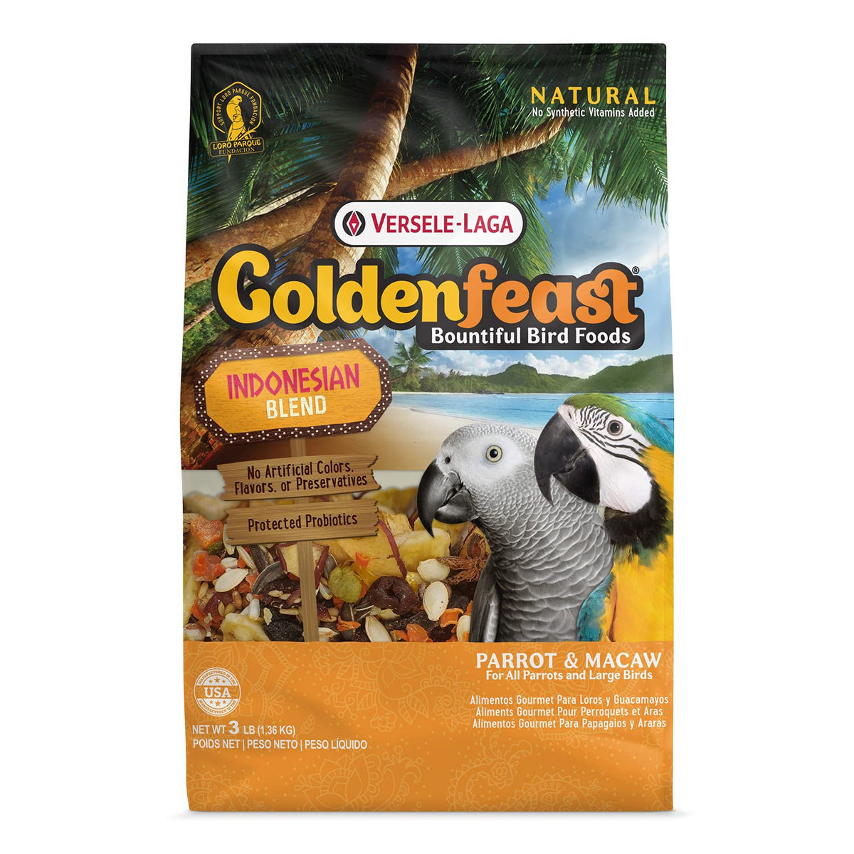 Versele-Laga sachet VL Goldenfeast Indonesian Blend montrant l’emballage pratique et informatif