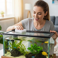Vesici tampon en action sur verre d'aquarium éliminant algues sans rayer