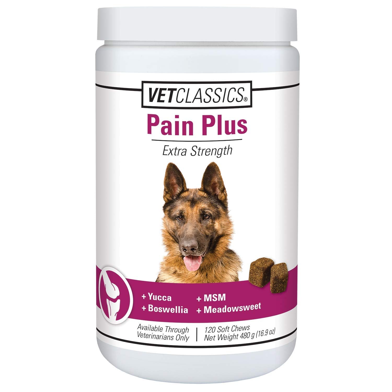 Vet Classics flacon Pain Plus devant montrant l'emballage et informations pratiques
