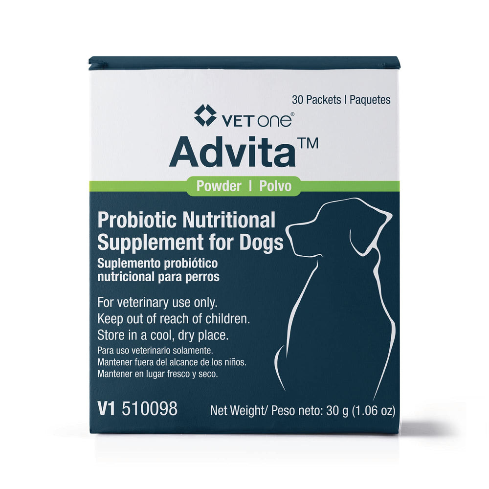 Vet One Advita Probiotic emballage avant montrant 30 sachets et usage quotidien