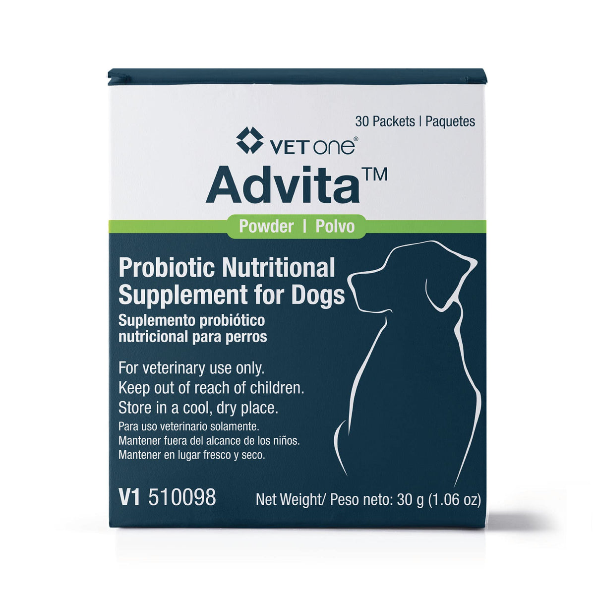 Vet One Advita Probiotic emballage avant montrant 30 sachets et usage quotidien