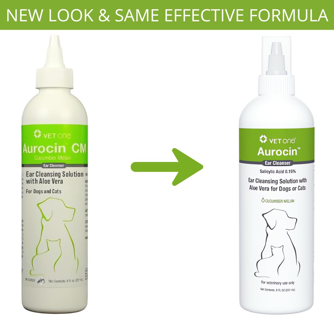 Vet One Aurocin cm utilisé sur oreille de chien pour nettoyage efficace et confortable