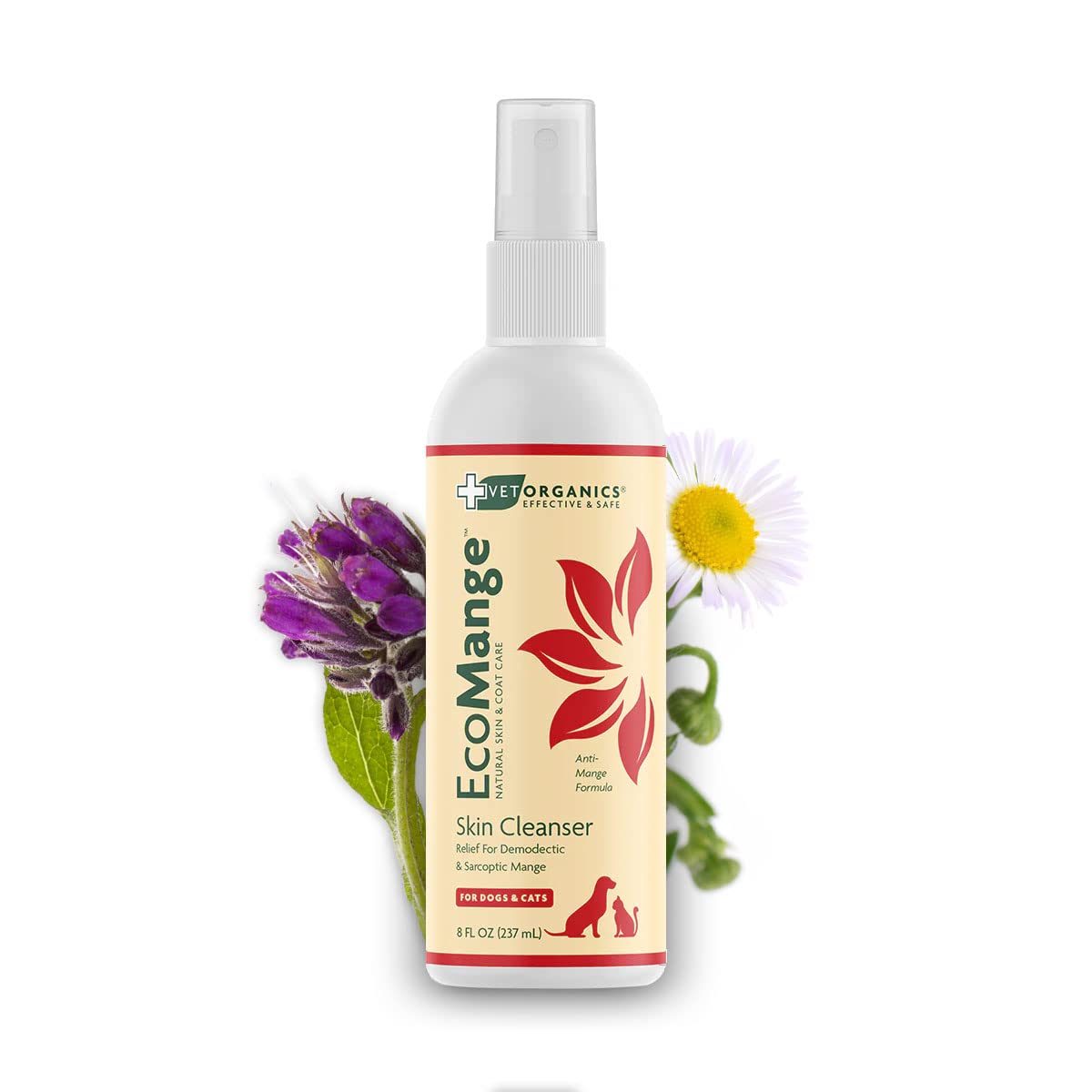 Vet Organics EcoMange emballage avant montrant le spray apaisant naturel