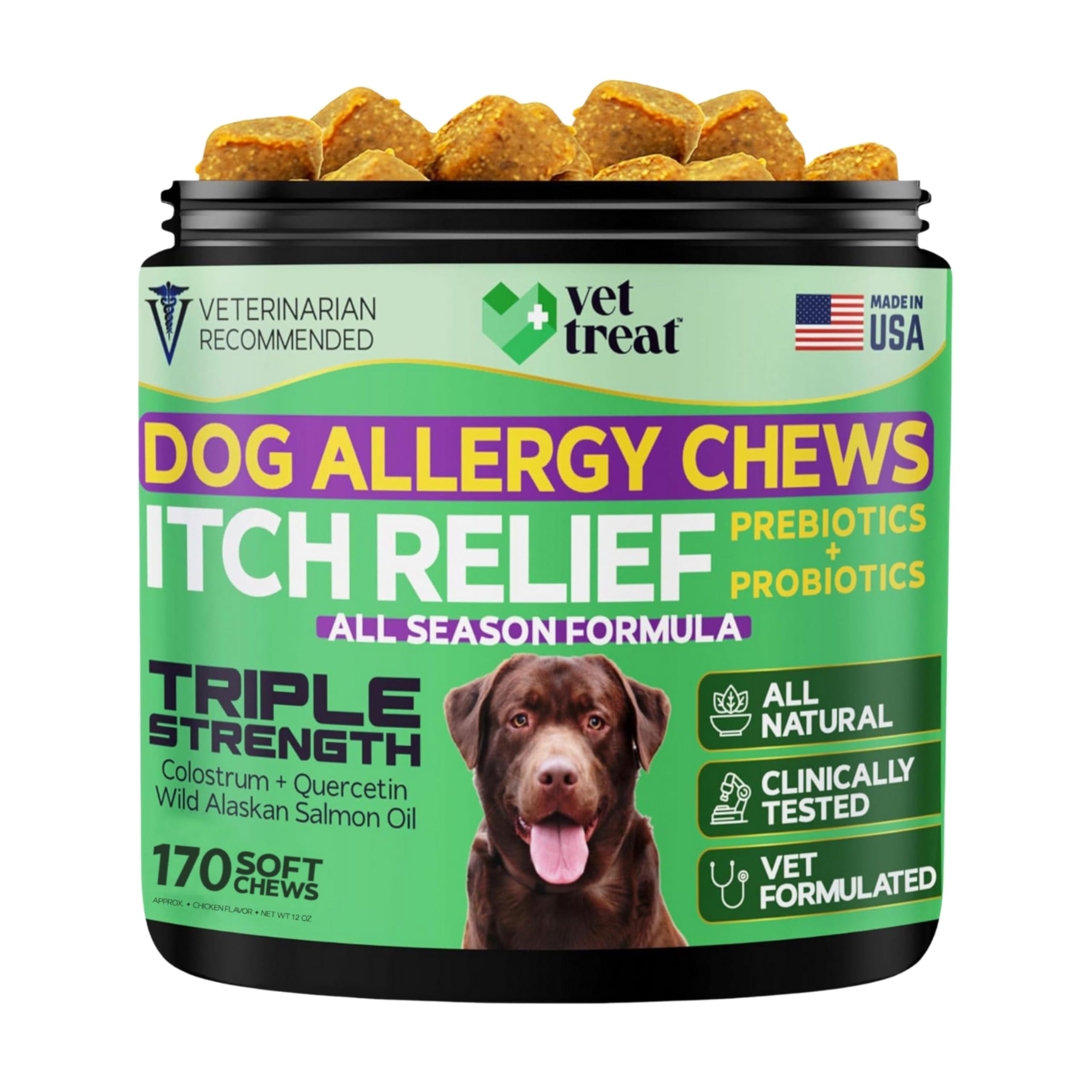 Vet Treat emballage avant montrant 170 chews et informations claires