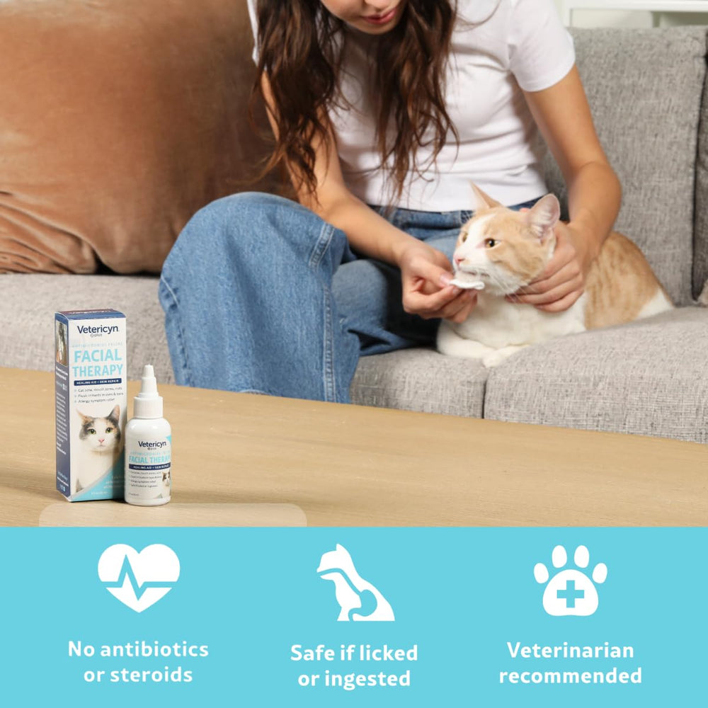 Vetericyn scène lifestyle propriétaire nettoyant le menton du chat confort assuré