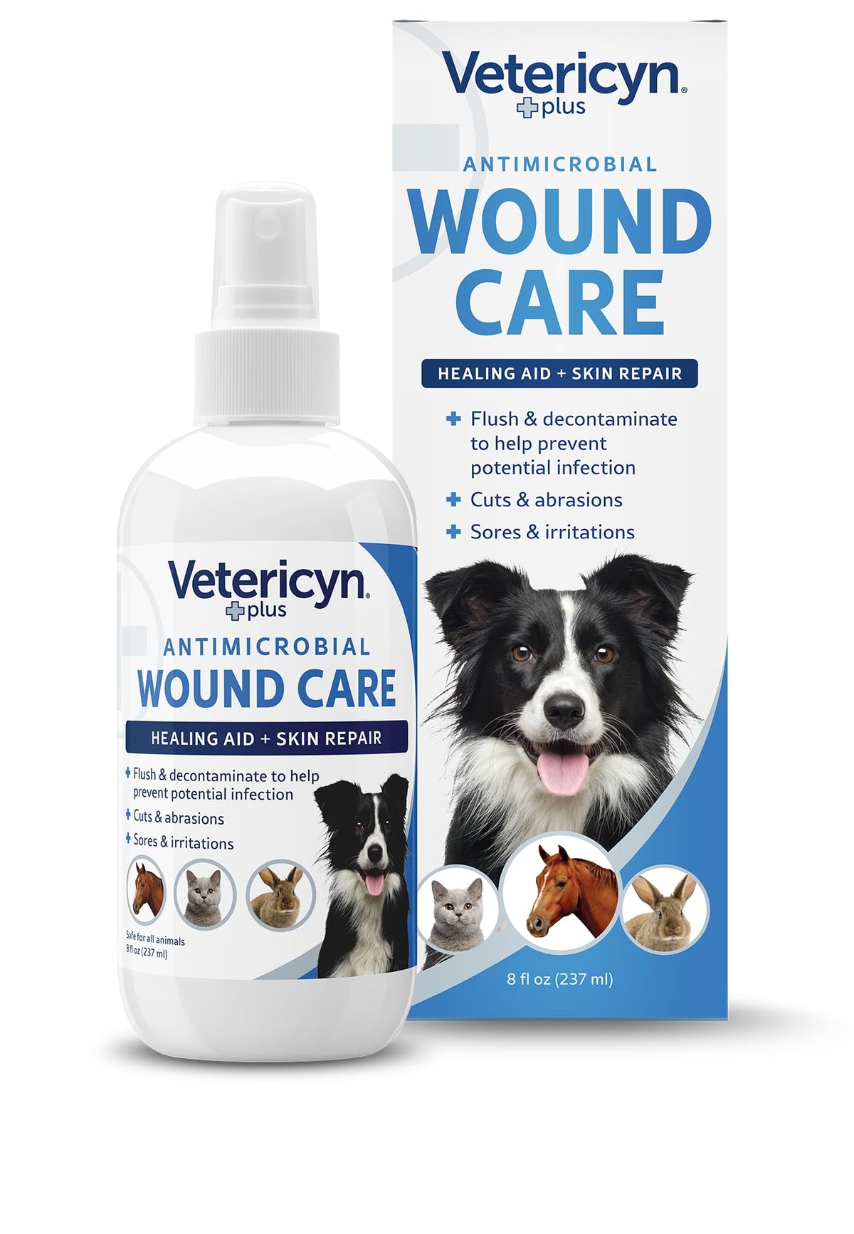 Vetericyn plus bouteille face montrant l'emballage et bénéfice nettoyage sûr