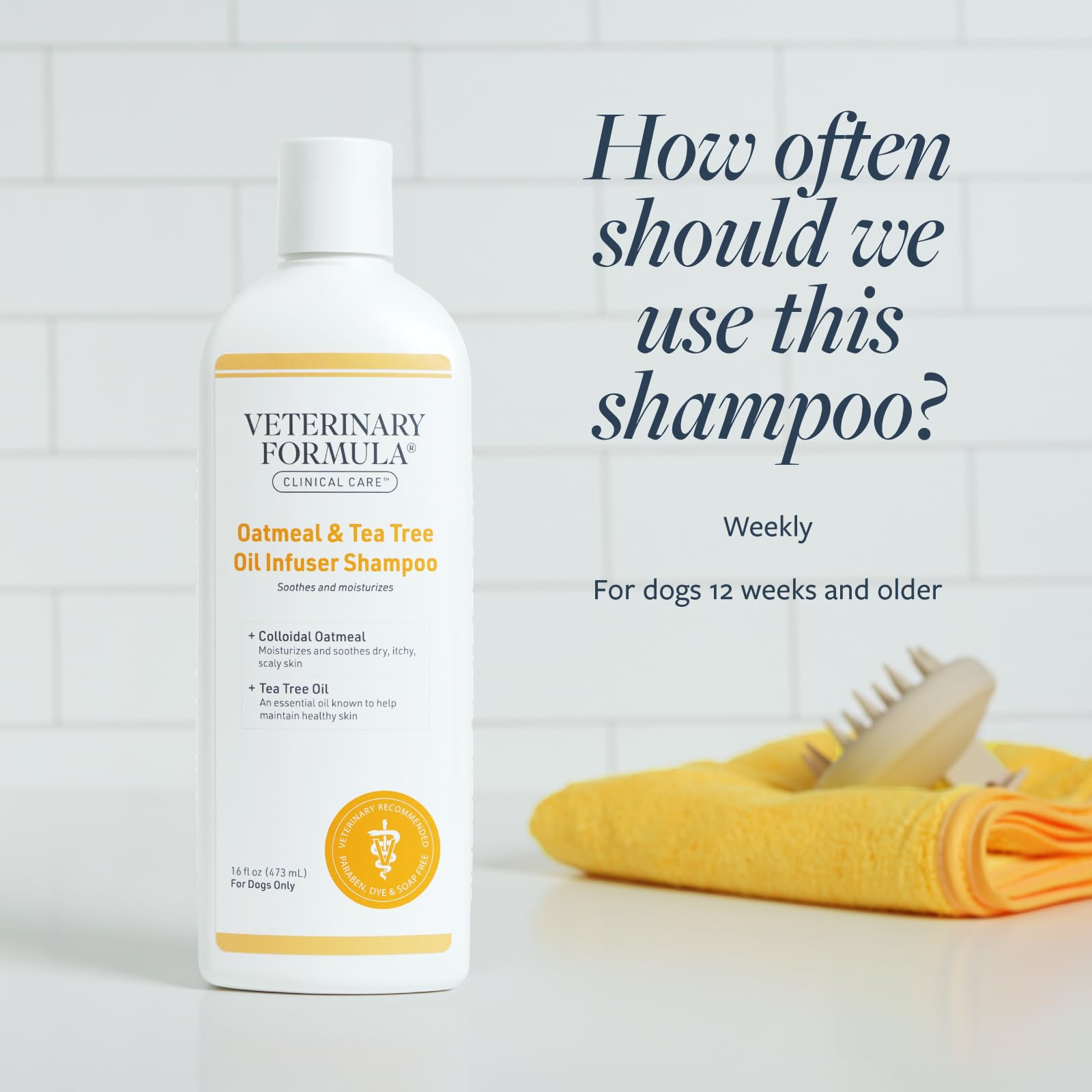 Veterinary Formula chien au bain démontrant application sécurisée et rinçage facile