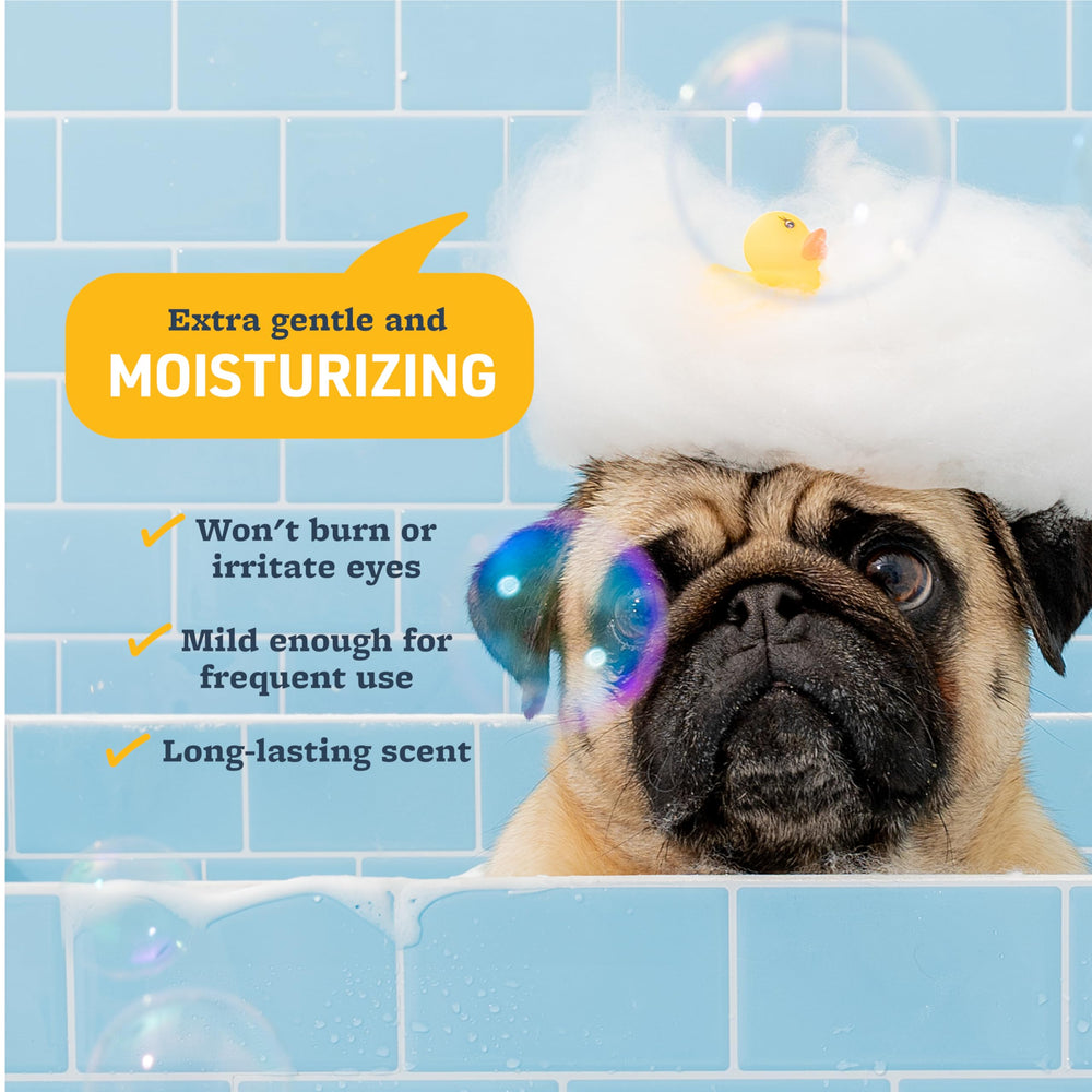 Veterinary Formula chiot au bain montrant sécurité et formule sans larmes