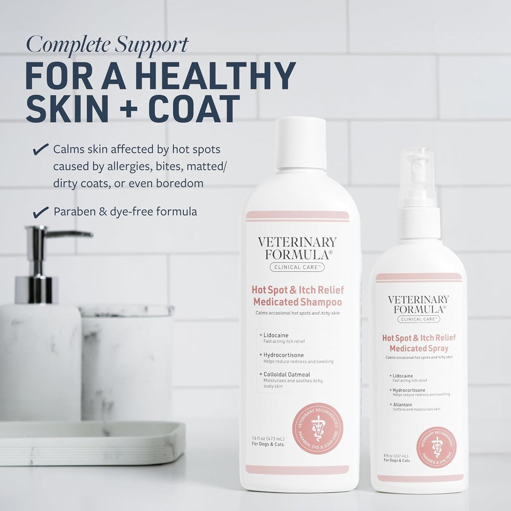 Veterinary Formula gros plan mousse shampooing montrant texture apaisante et hydratation