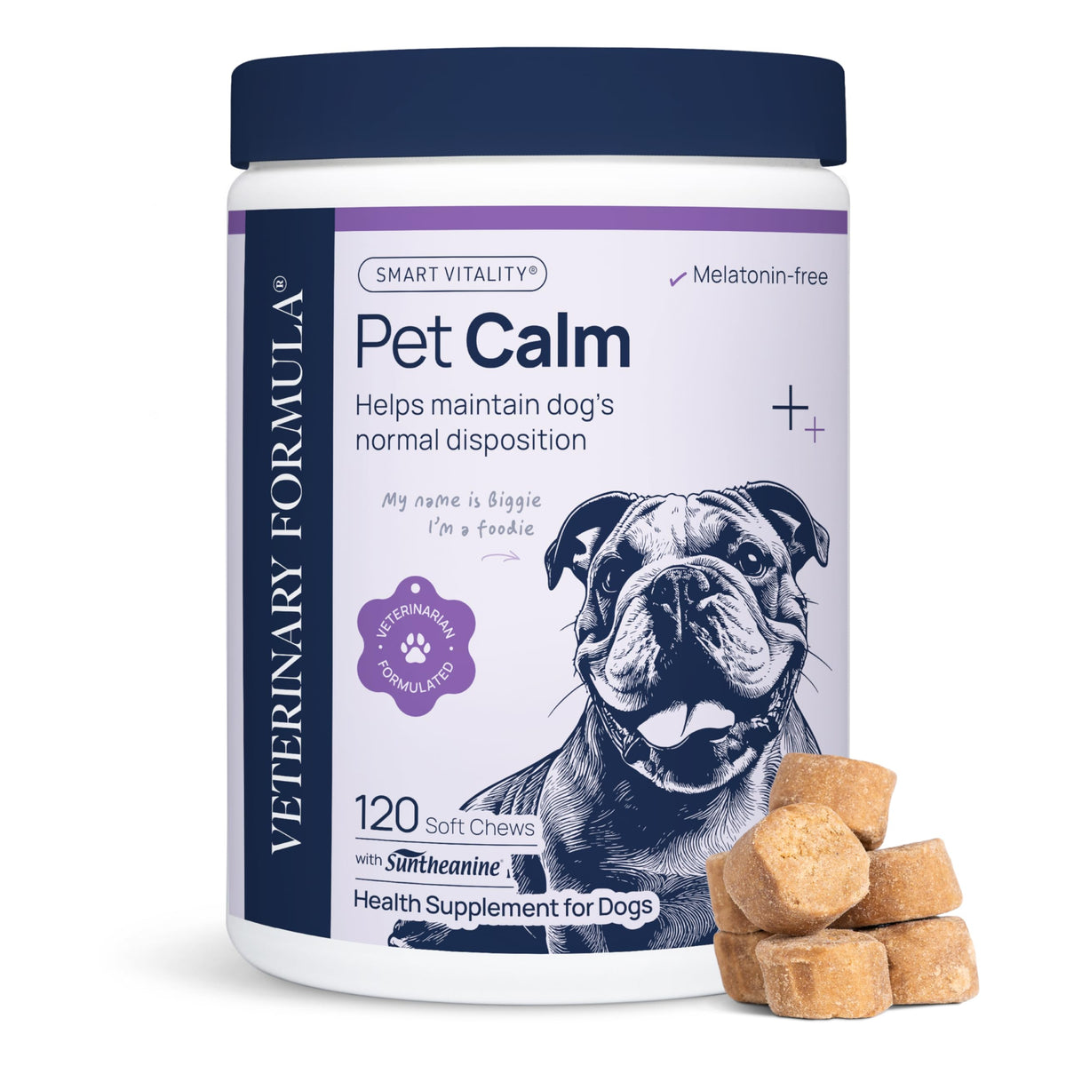 Veterinary Formula paquet avant montrant 120 chews pour un soutien calme
