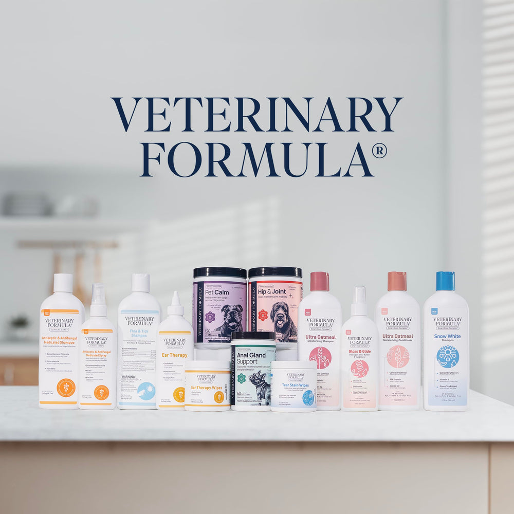 Veterinary Formula flacon posé en salle de bain pour routine de toilettage