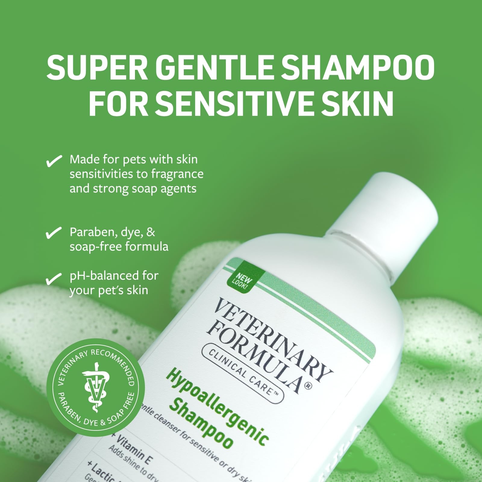 Texture mousse douce Veterinary Formula montrant une base coco pour un nettoyage non agressif
