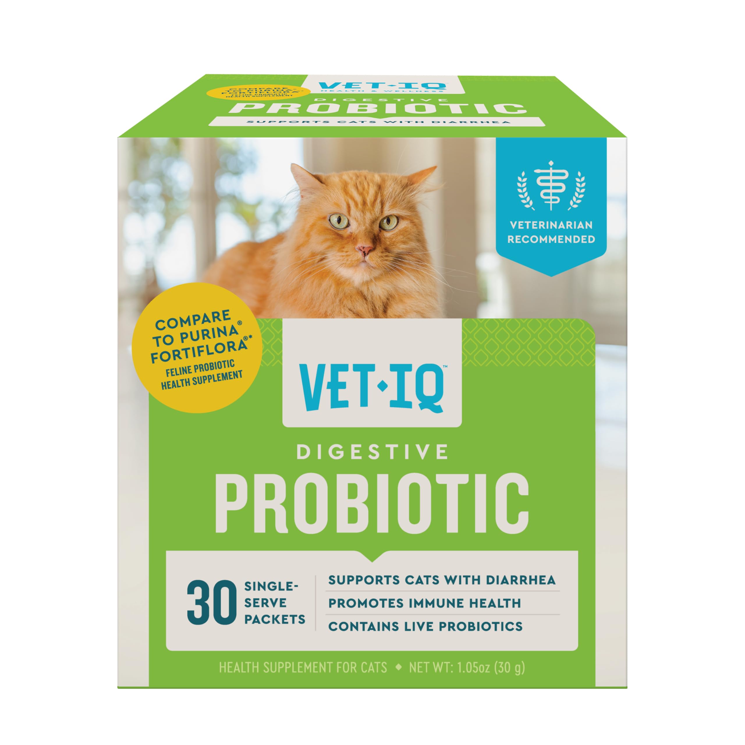 VetIQ emballage avant montrant 30 sachets, supports digestifs clairs