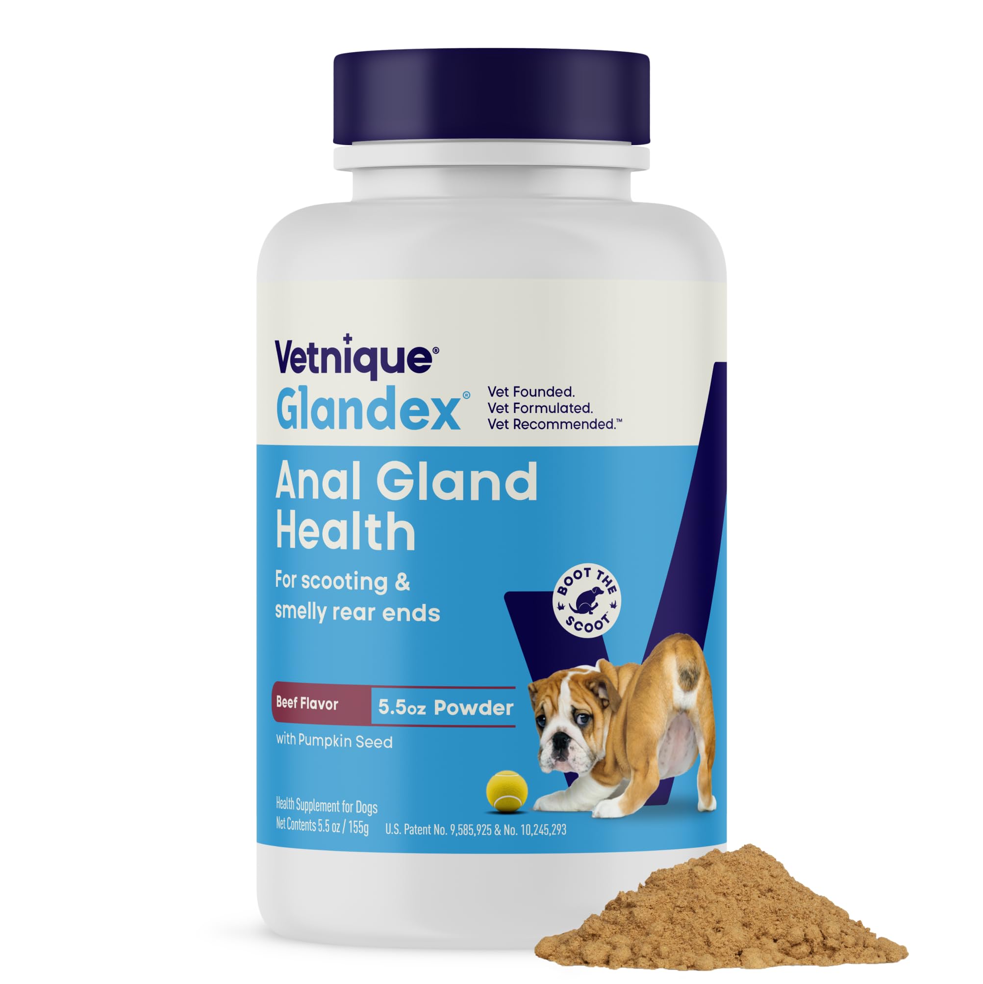 Vetnique Glandex emballage goût bœuf montrant format 5,5 oz et bénéfice pratique