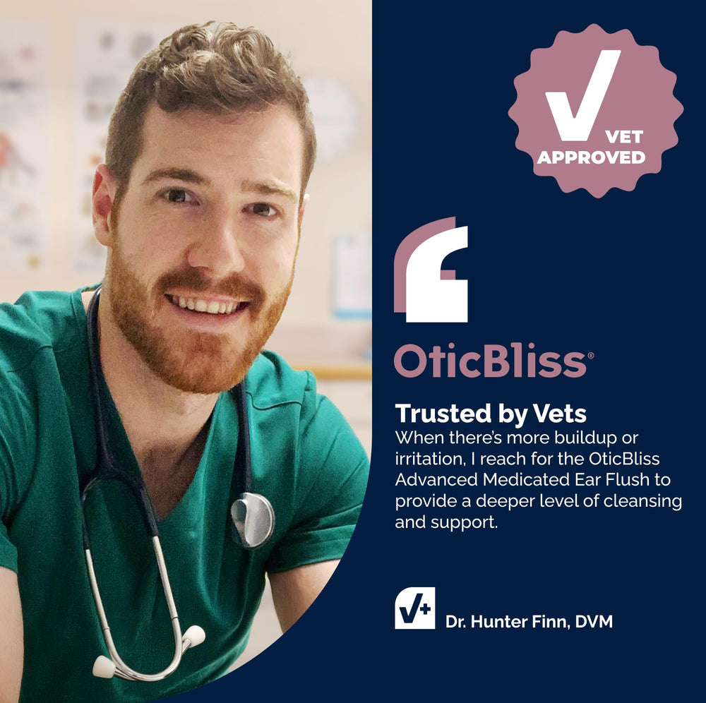 Vetnique Oticbliss bouteille 6 oz mise à l'échelle montrant taille pratique et dosage