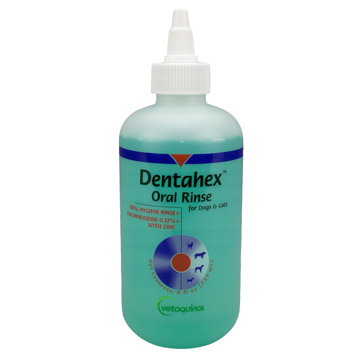 Vetoquinol Dentahex emballage recto montrant le flacon et l'usage pour chiens et chats