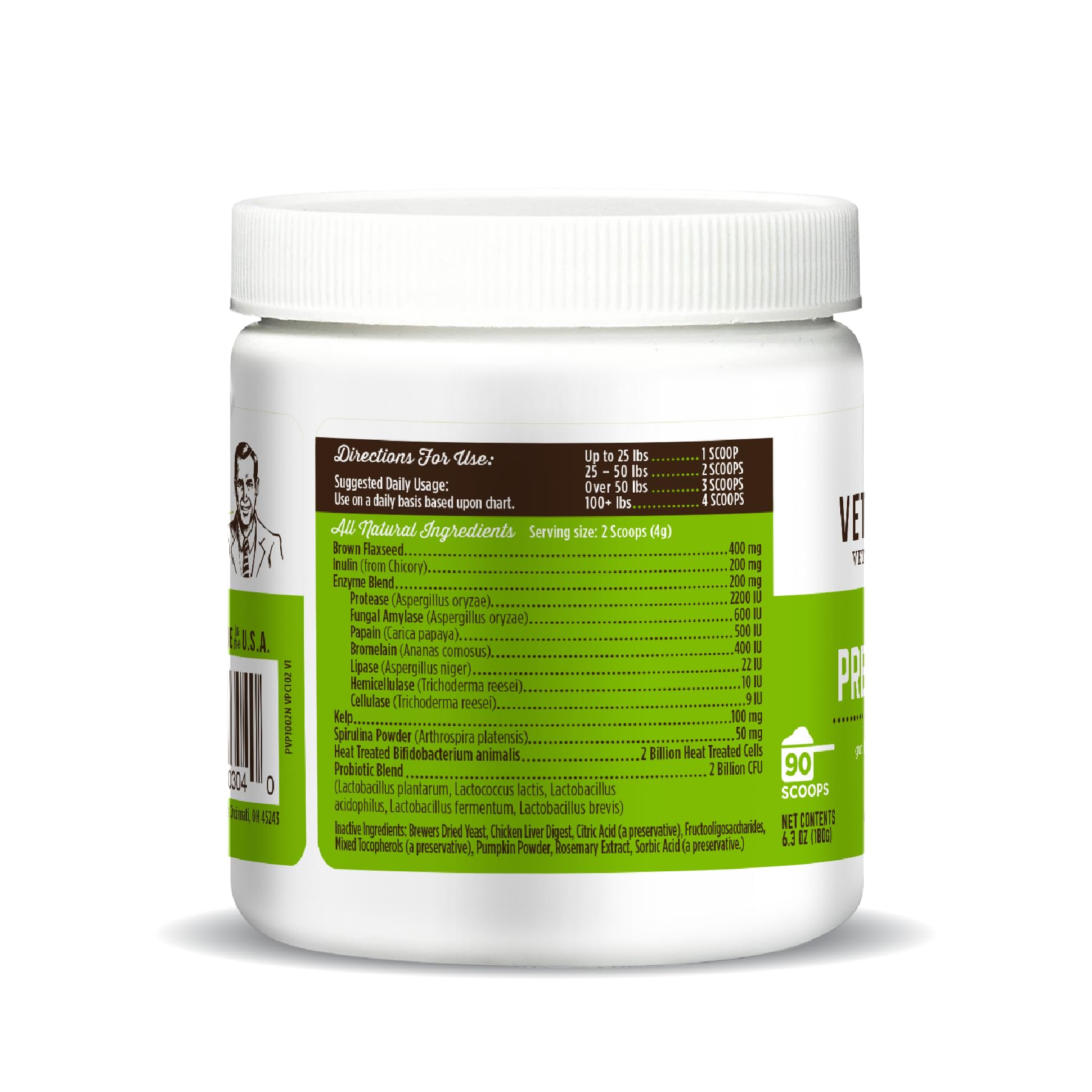 Étiquette VetPro Complete montrant composition prébiotiques et probiotiques