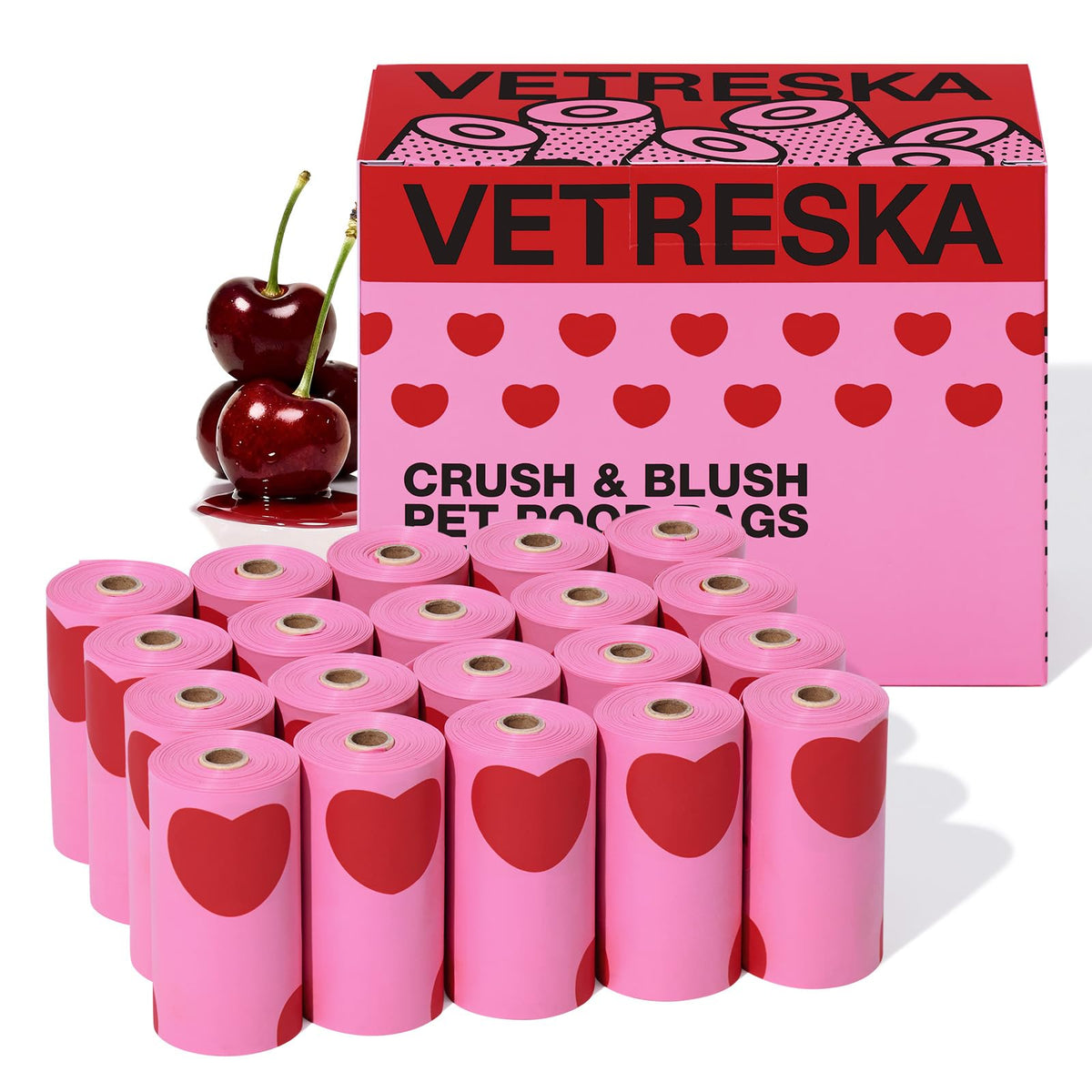VETRESKA boîte ouverte montrant 20 rouleaux de 300 sacs, pratique