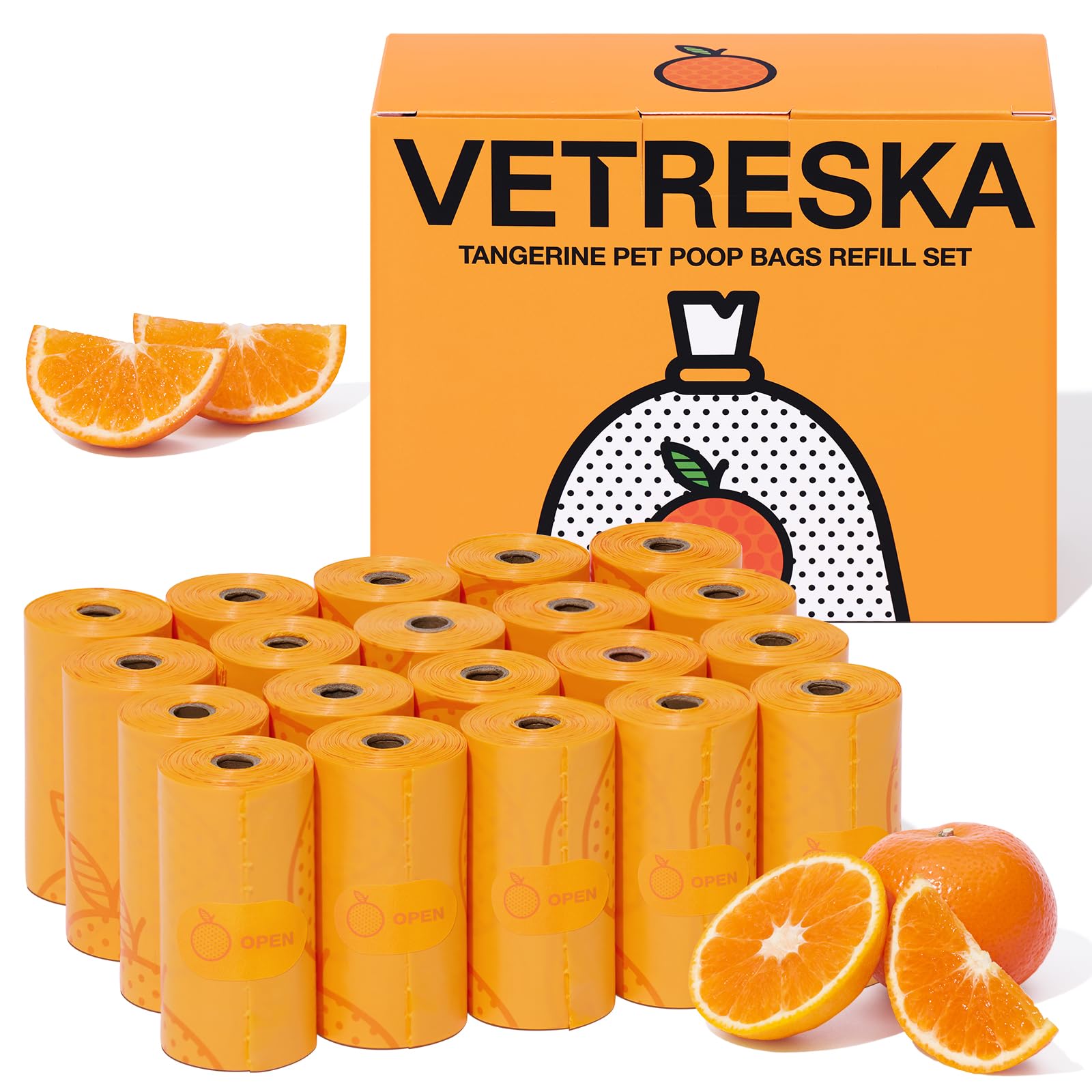 VETRESKA emballage frontal montrant 20 rouleaux et 300 sacs, pratique pour rangement