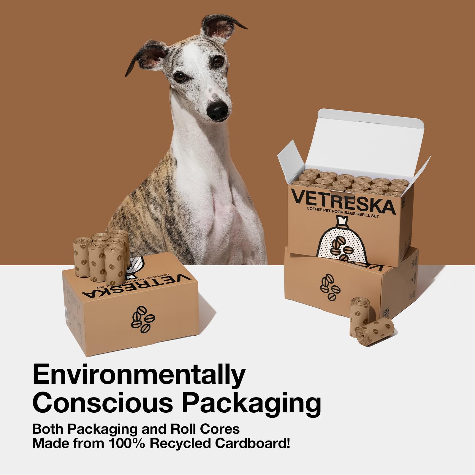 VETRESKA boîte ouverte montrant cœurs de rouleau recyclables et rangement