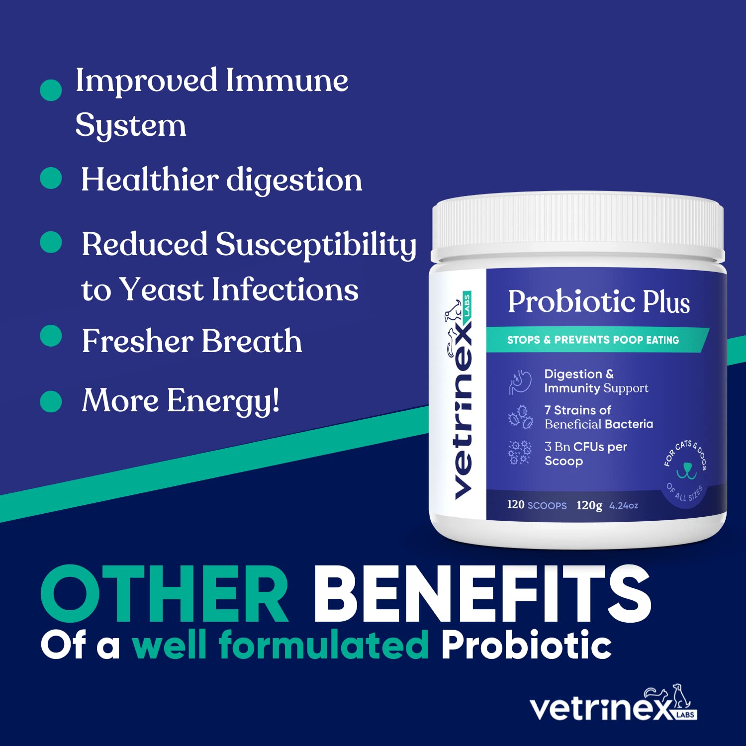 Vetrinex Labs étiquette lisible détaillant souches probiotiques et enzymes