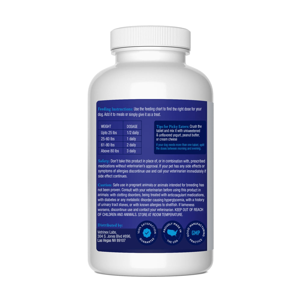 Étiquette Vetrinex Labs lisible, informations nutritionnelles et dosage clairs