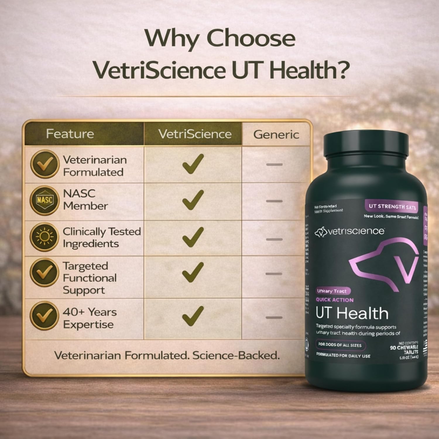 VetriScience étiquette des ingrédients Quick Action UT montrant botanicals clés