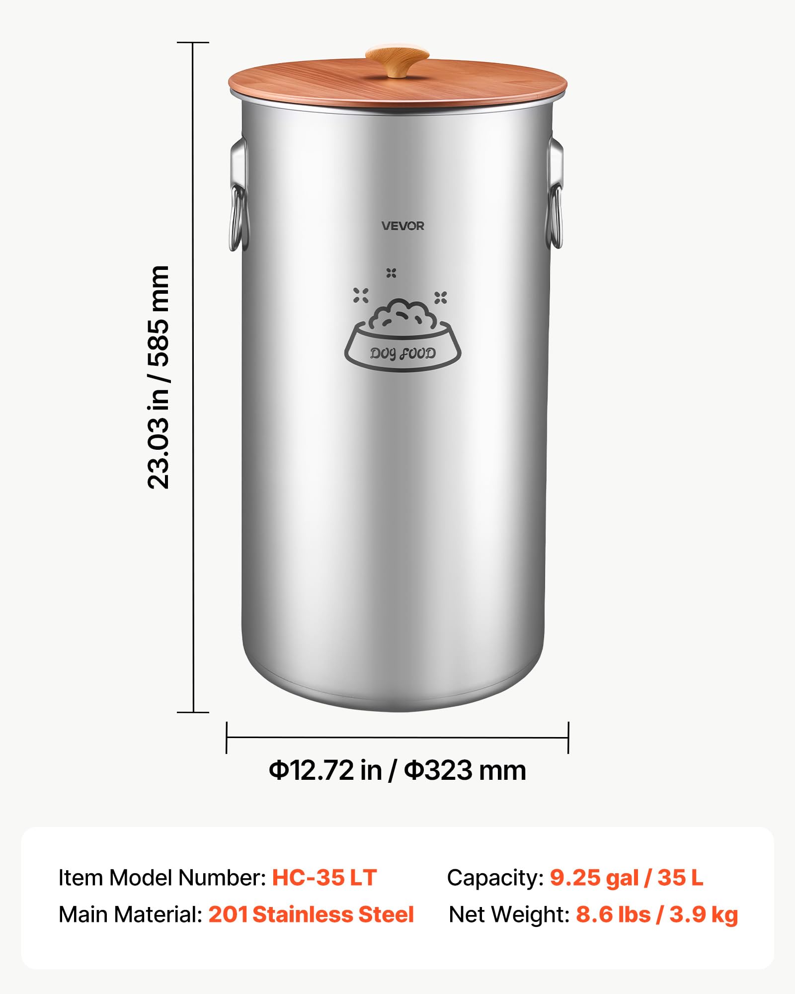 VEVOR comparaison d'échelle avec boîtes pour visualiser la capacité 9,25 gal