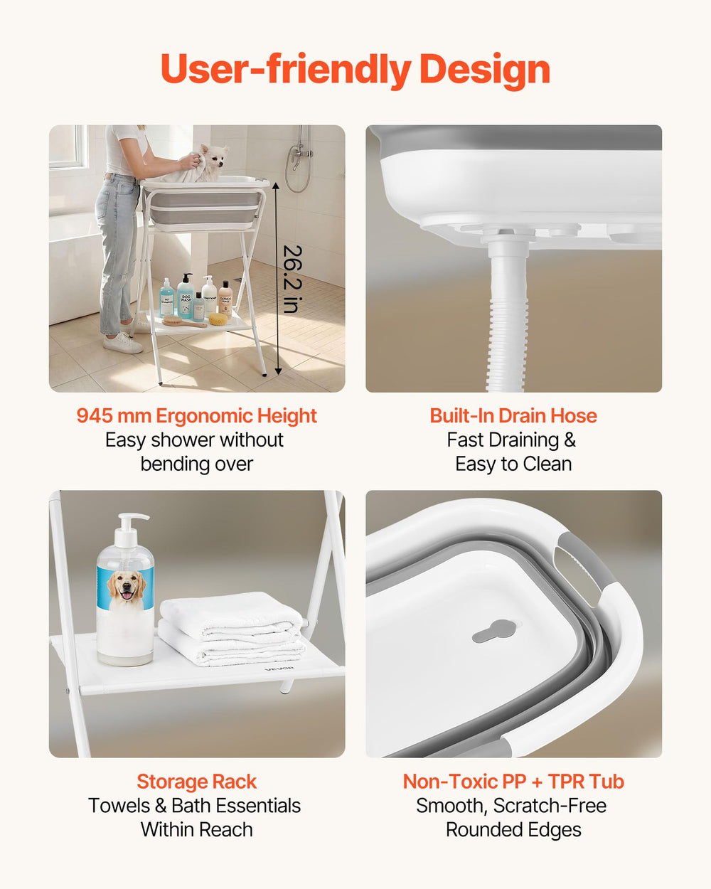 VEVOR baignoire en usage avec chien sur table pour un toilettage ergonomique et sans effort