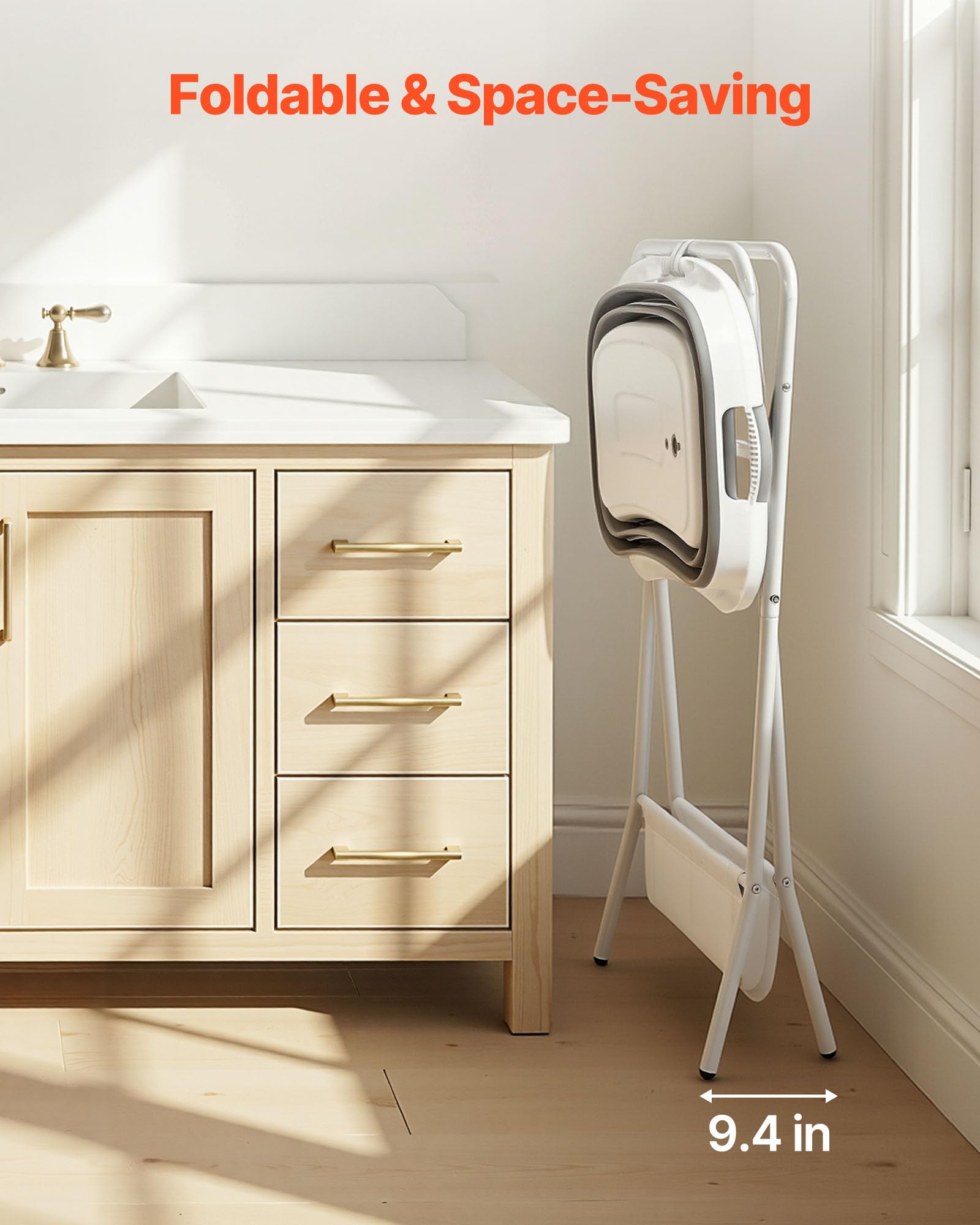 VEVOR baignoire pliée montrant rangement compact idéal pour petits espaces et voyages