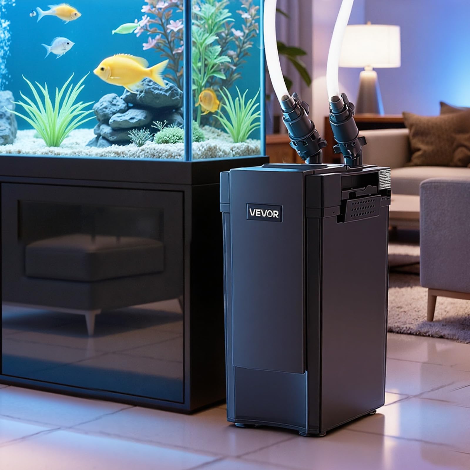 VEVOR filtre en cours d'utilisation dans aquarium montrant eau claire