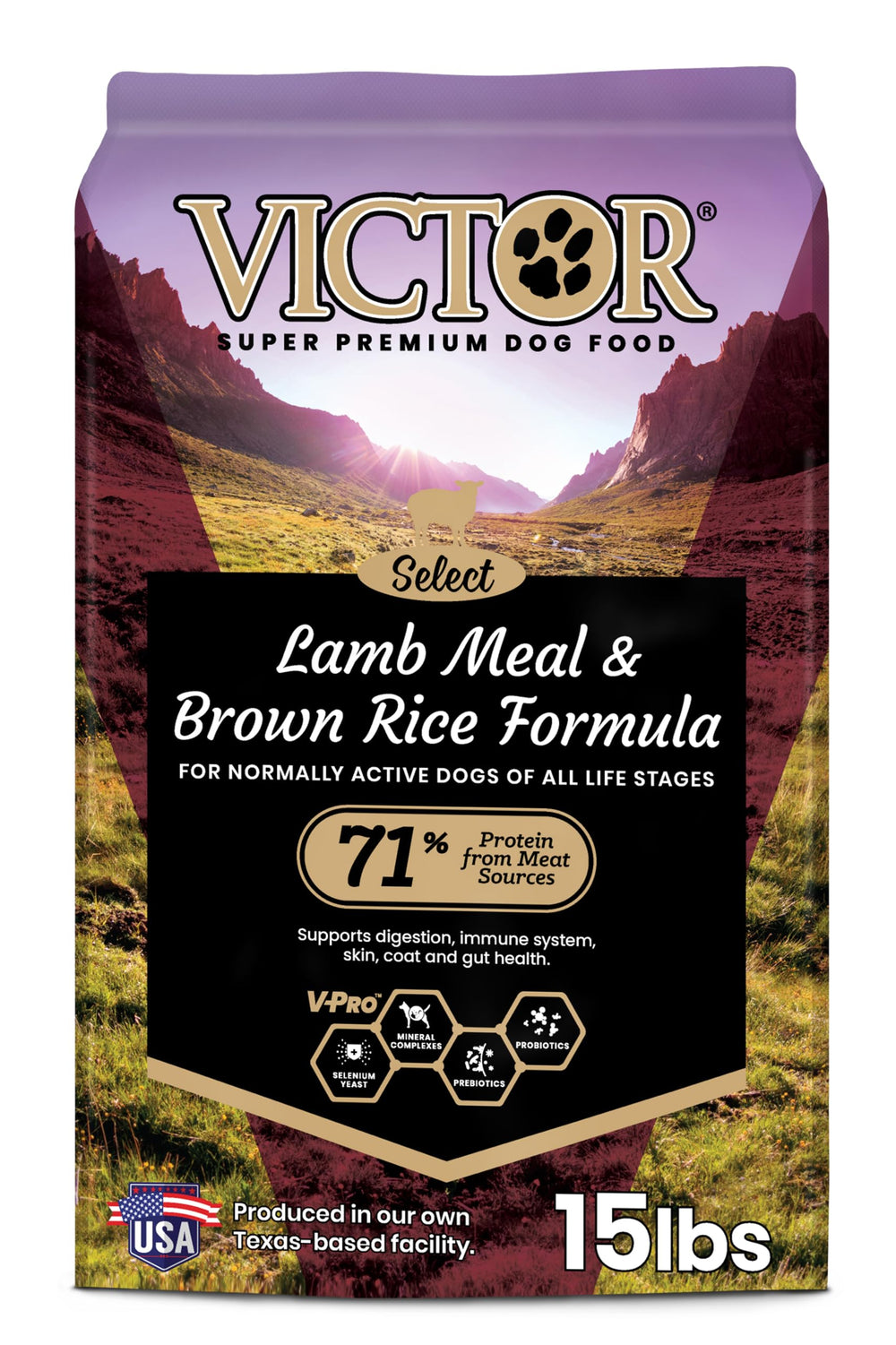 VICTOR emballage avant montrant formule agneau et riz brun bénéfice clarté produit