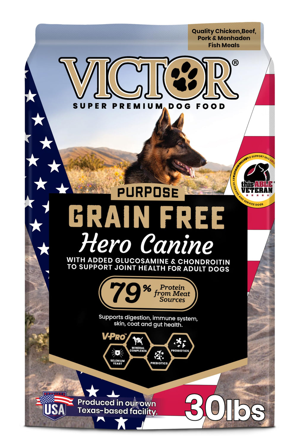 VICTOR sac devant montrant la marque et l'avantage nutritionnel
