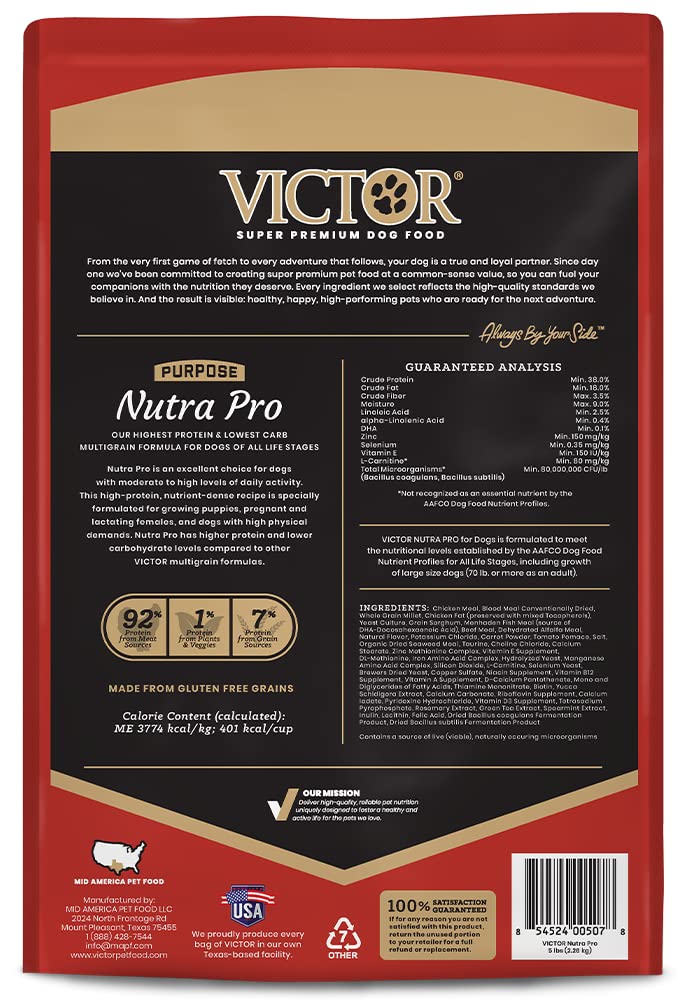 VICTOR étiquette nutritionnelle Nutra Pro mettant en avant la composition