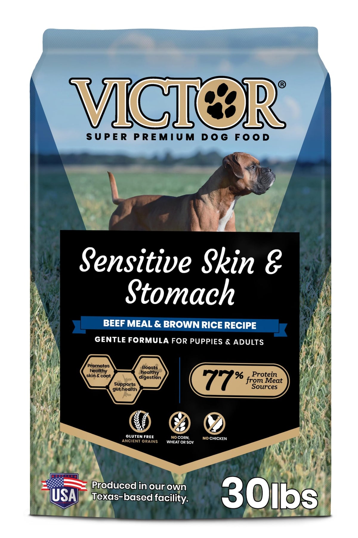 VICTOR sachet face montrant recette bœuf et riz brun pour peaux sensibles
