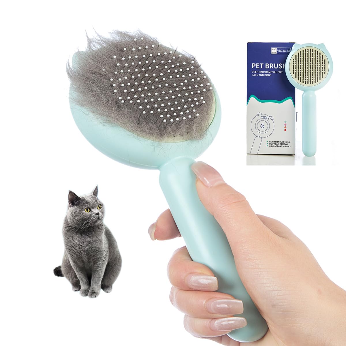 VIOJOJO brosse face avant montrant la tête et les aiguilles pour un toilettage efficace