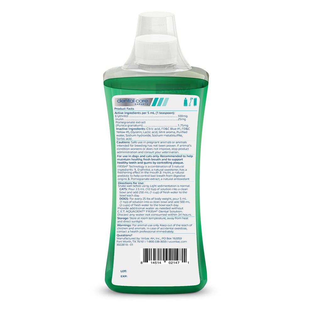Virbac C.E.T. Aquadent bouchon-doseur illustrant dosage précis et facilité d'usage