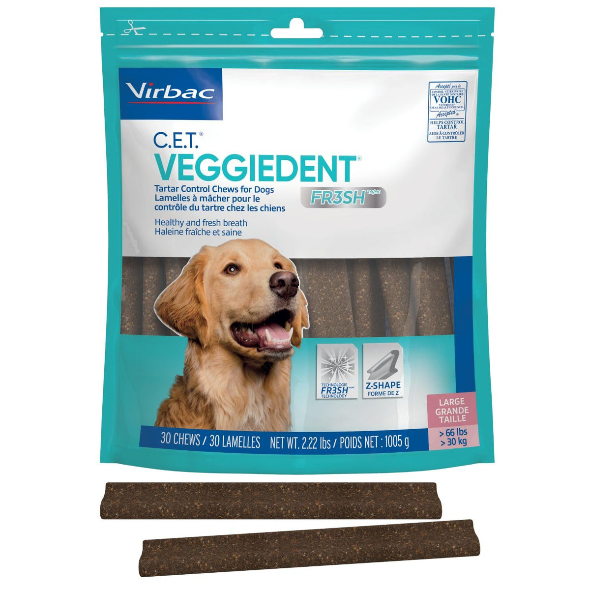 Virbac packaging avant montrant sachet et bénéfice hygiène dentaire