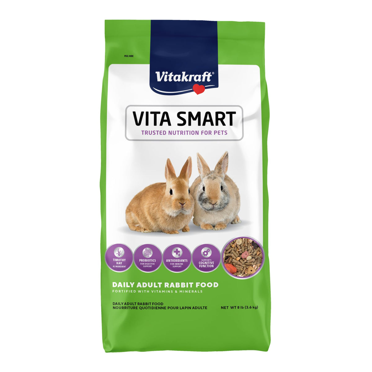 Vitakraft emballage 8 lb montrant sac et informations, pratique pour stocker