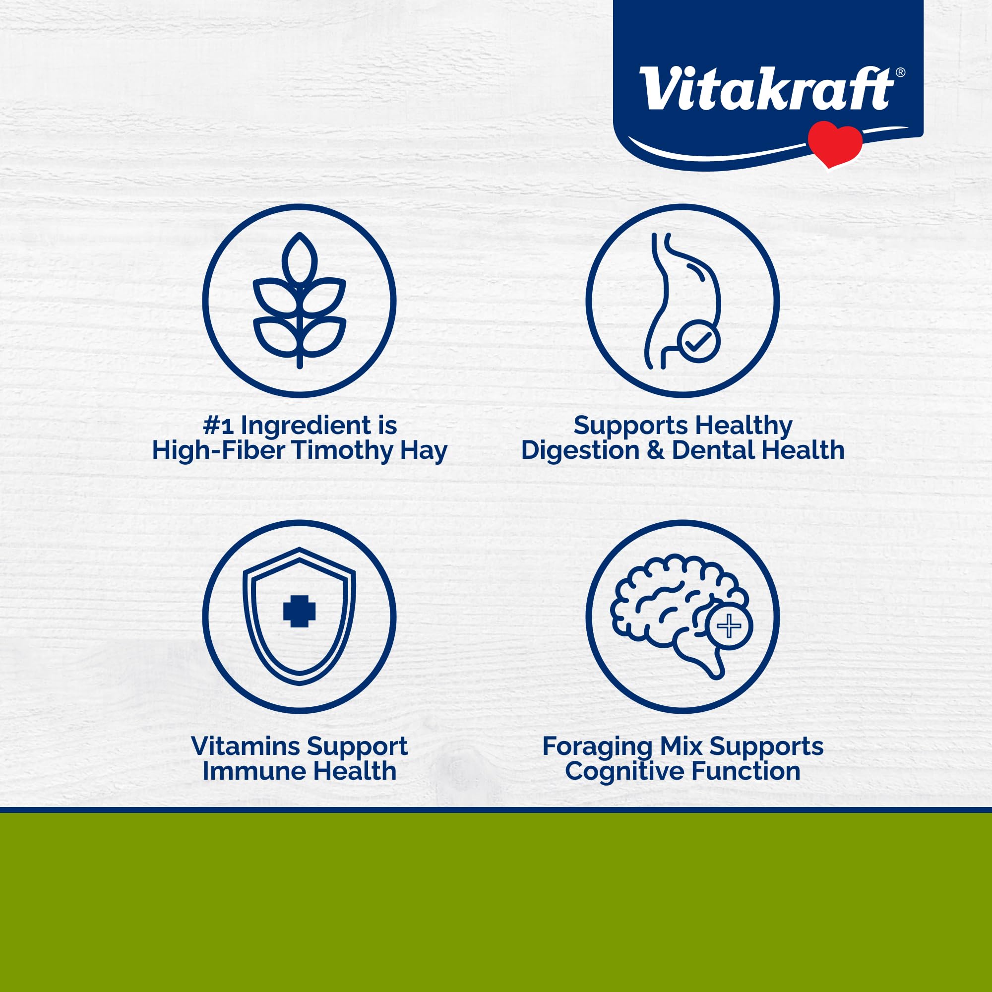 Vitakraft gros plan sur la texture des granulés et fibres, favorise mastication saine