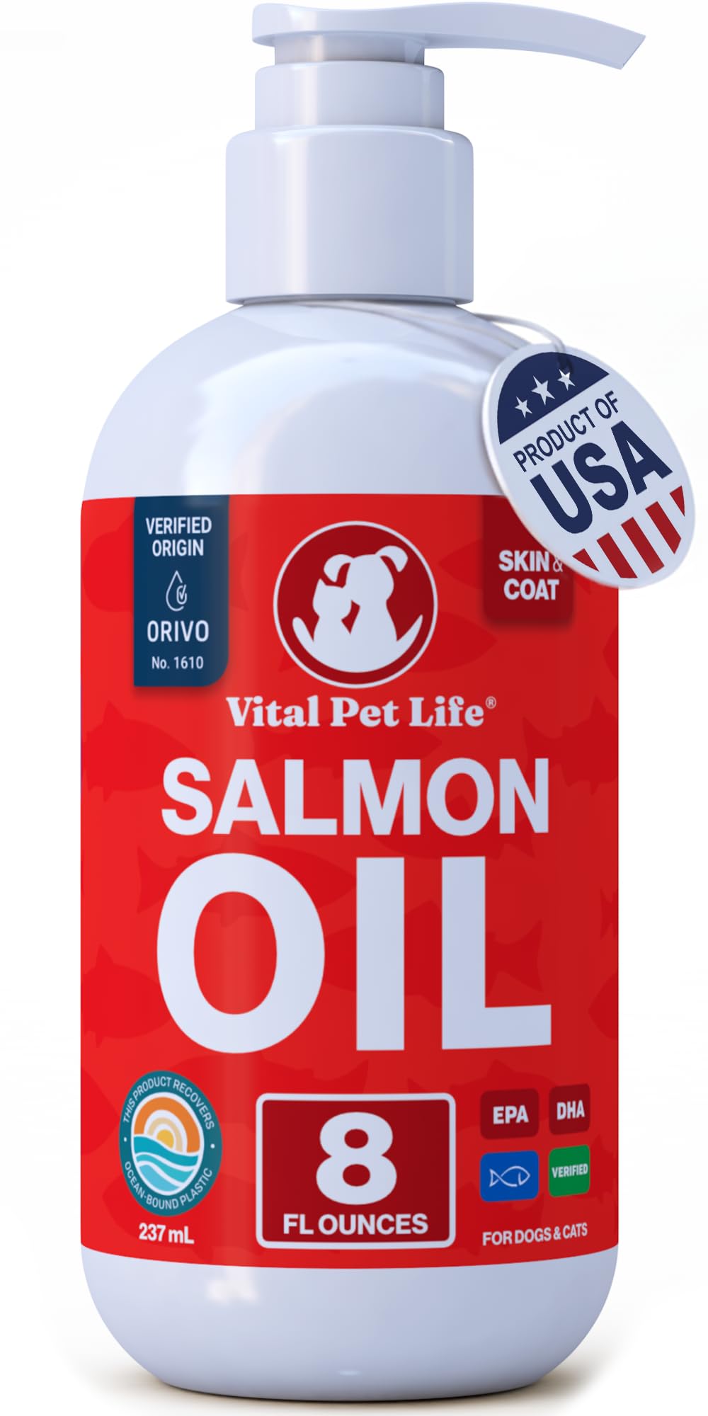 Vital Pet Life flacon face montrant l'étiquette et bénéfice pelage brillant